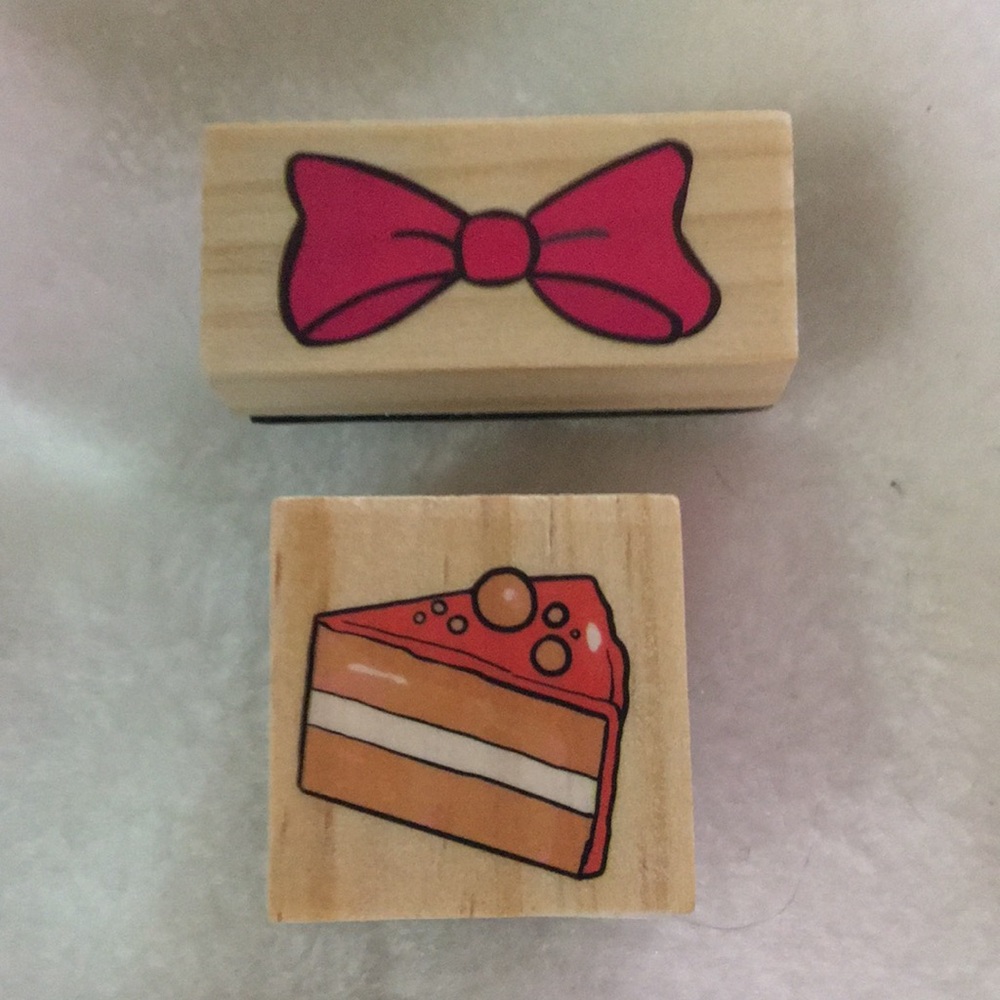 Wooden Stamp Set with Pink Bow and Orange Cake Design